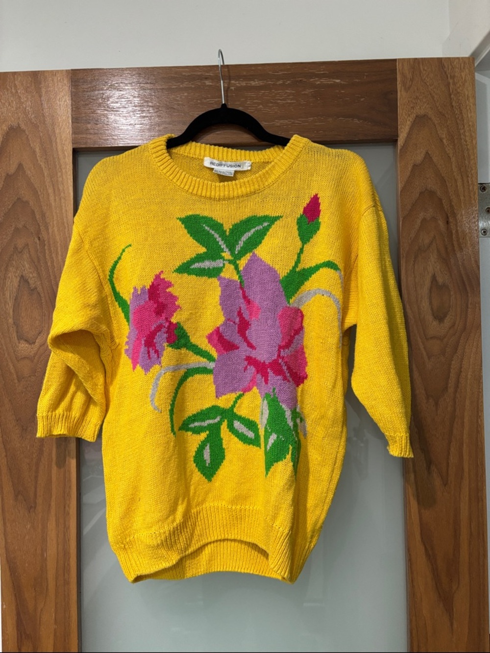 Vintage Rediffusion Yellow Floral Crewneck Knit Sweater with Pink Purple Blooms